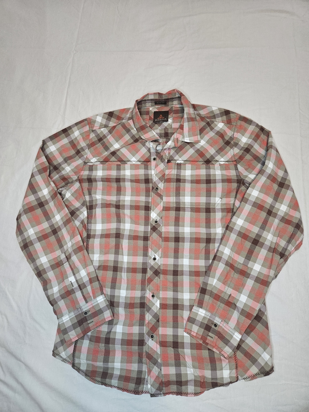 Men's Prana Polyester Plaid Button-Up Shirt in Coral, Brown & White